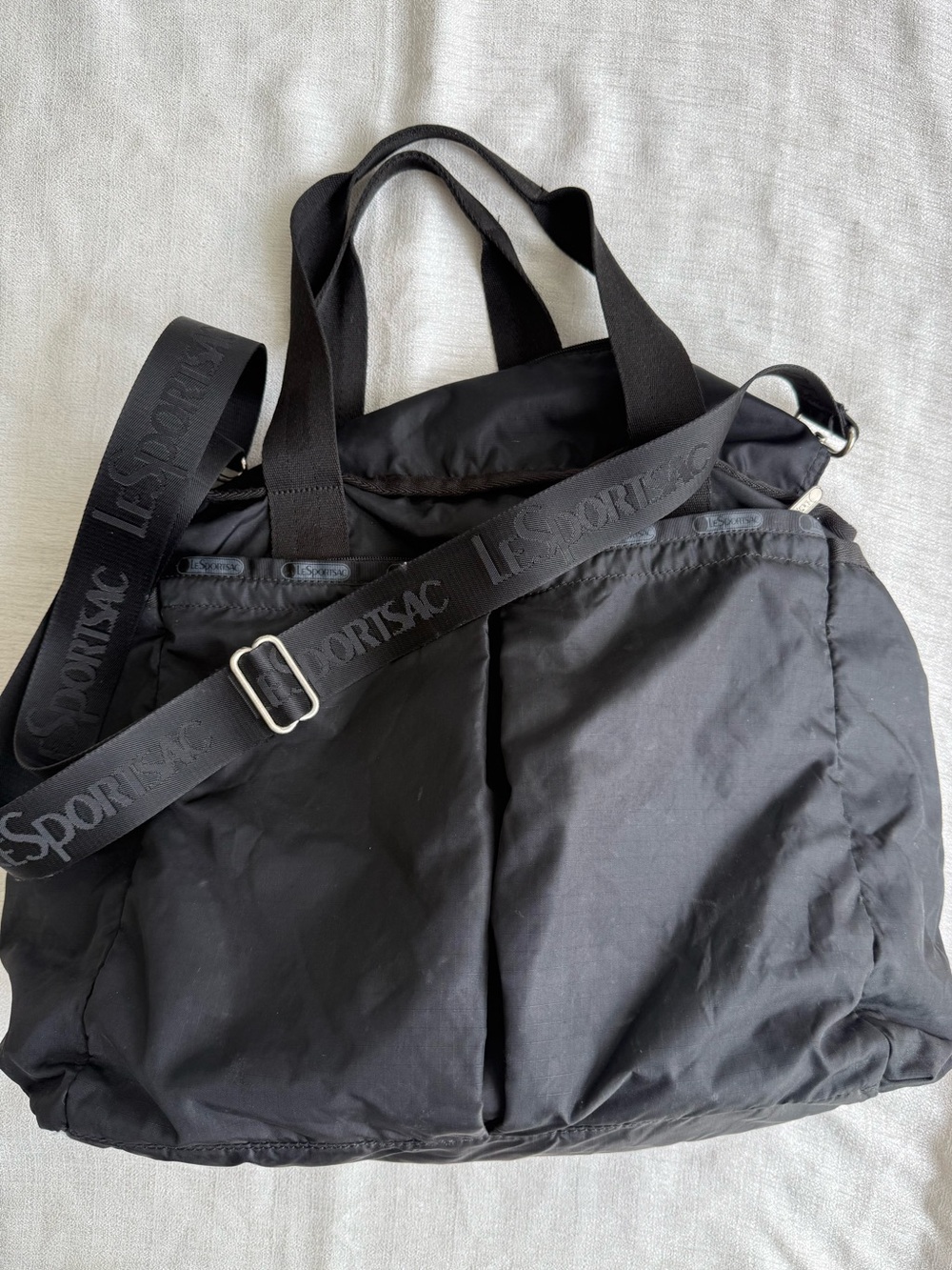 Lesportsac Black Nylon Convertible Duffel Tote with Logo Strap